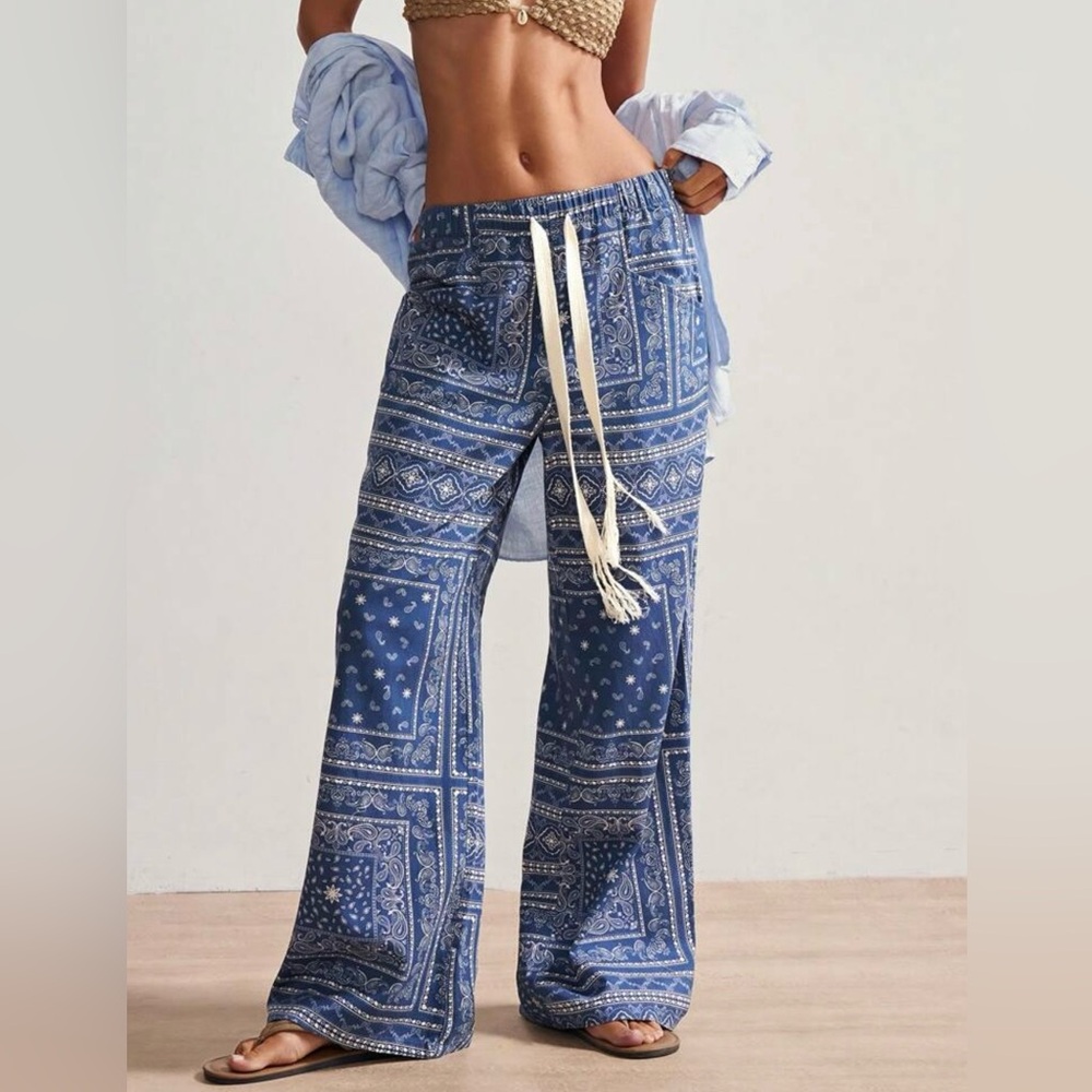 NEW Women's Blue Bandana Print Wide Leg Pants (similar to POL,Easel items)
